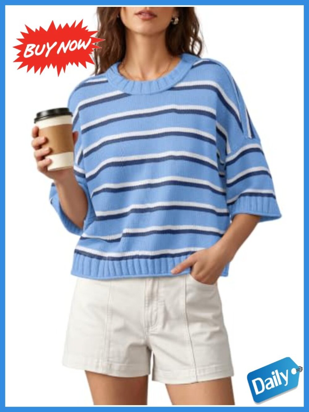 Womens Short Sleeve Striped Sweater Crewneck Knit Cropped Pullover Boxy